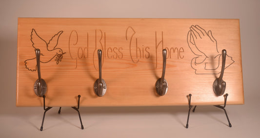 God Bless Engraved Wooden Coat Rack