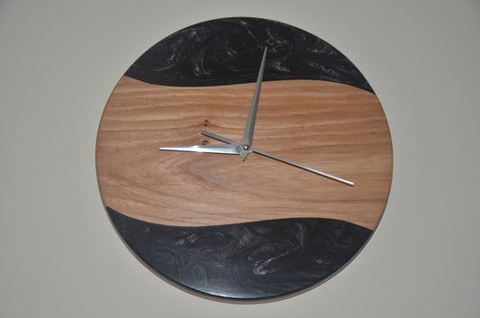 Black Resin Clock on Elm Wood